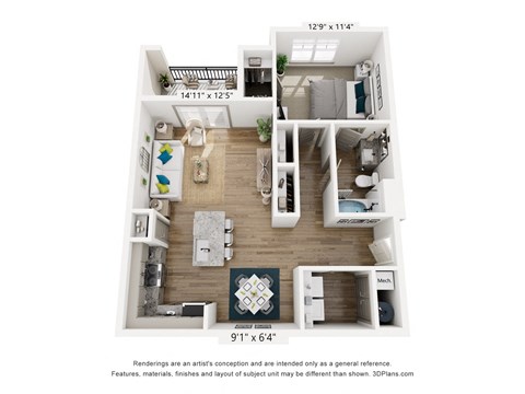 Floor plan for 1 bed, 1 bath, 813 sqft